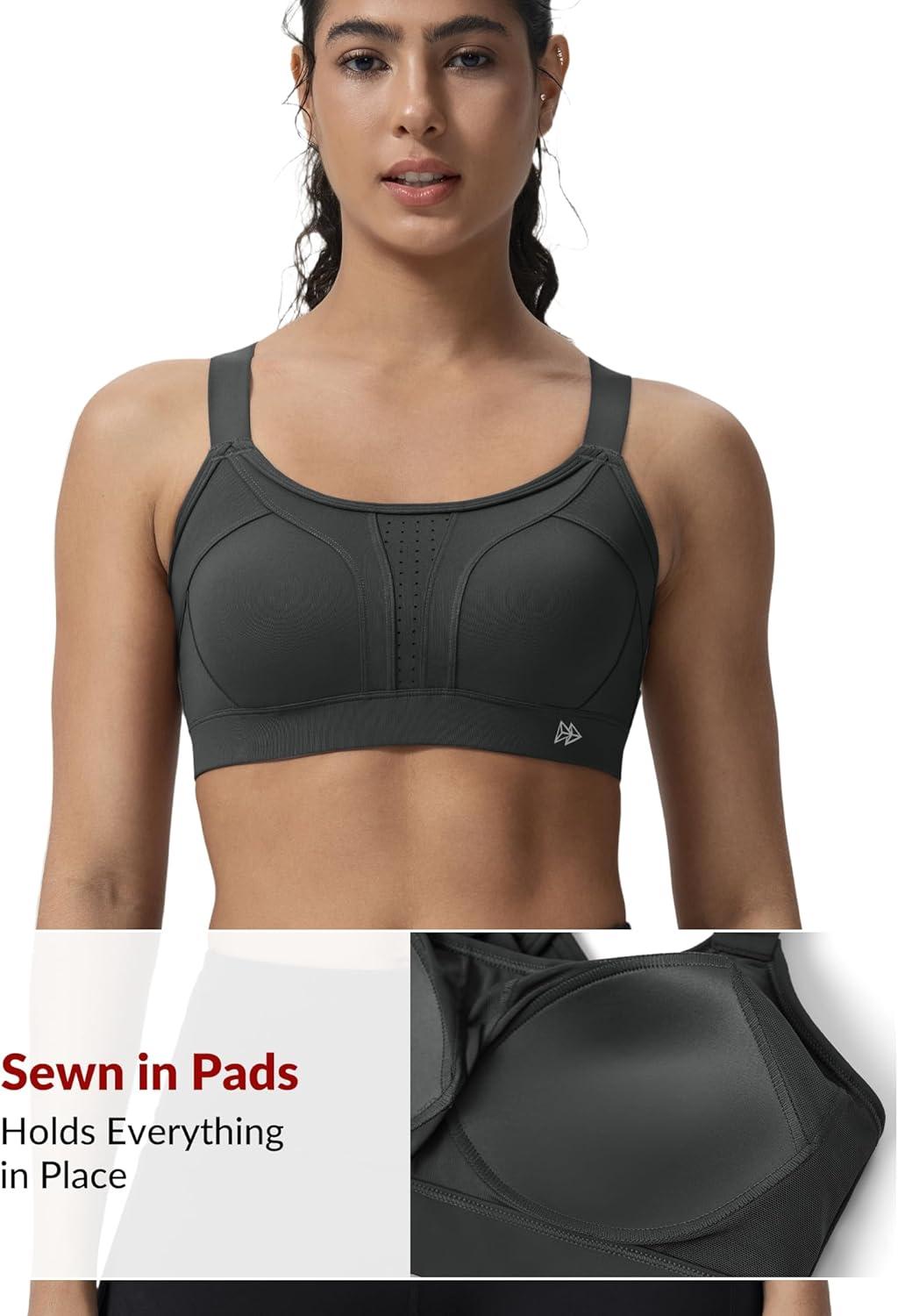 Yvette Sports Bra High Impact Adjustable Criss Cross Back, Full Support for Large Bust No Bounce(Blue Grey)