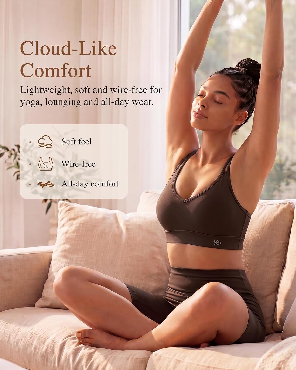 Yvette Yoga Bras Midium Support for Women Low Impact Spaghetti Strap Mesh Splicing Style for Yoga Pilates Walking Daily(Brown)