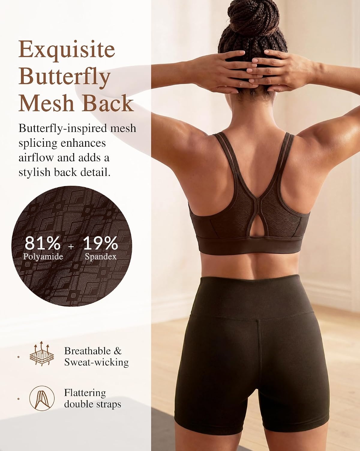 Yvette Yoga Bras Midium Support for Women Low Impact Spaghetti Strap Mesh Splicing Style for Yoga Pilates Walking Daily(Brown)