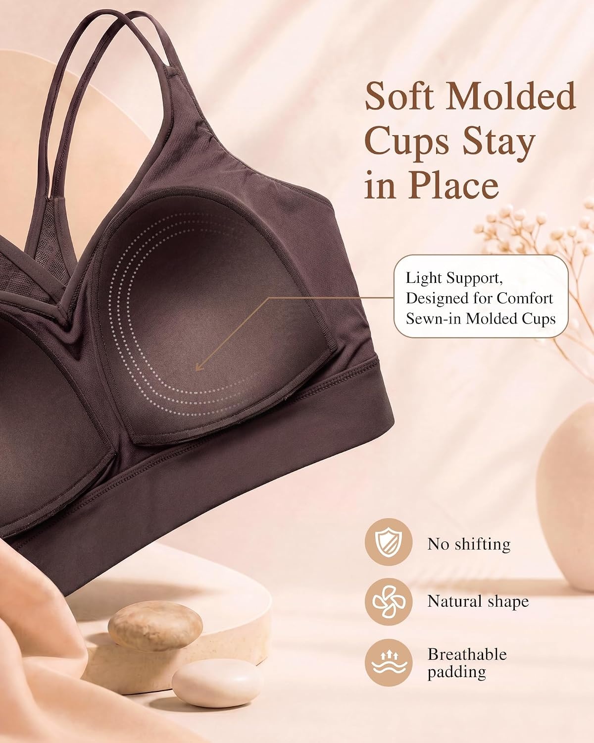Yvette Yoga Bras Midium Support for Women Low Impact Spaghetti Strap Mesh Splicing Style for Yoga Pilates Walking Daily(Brown)