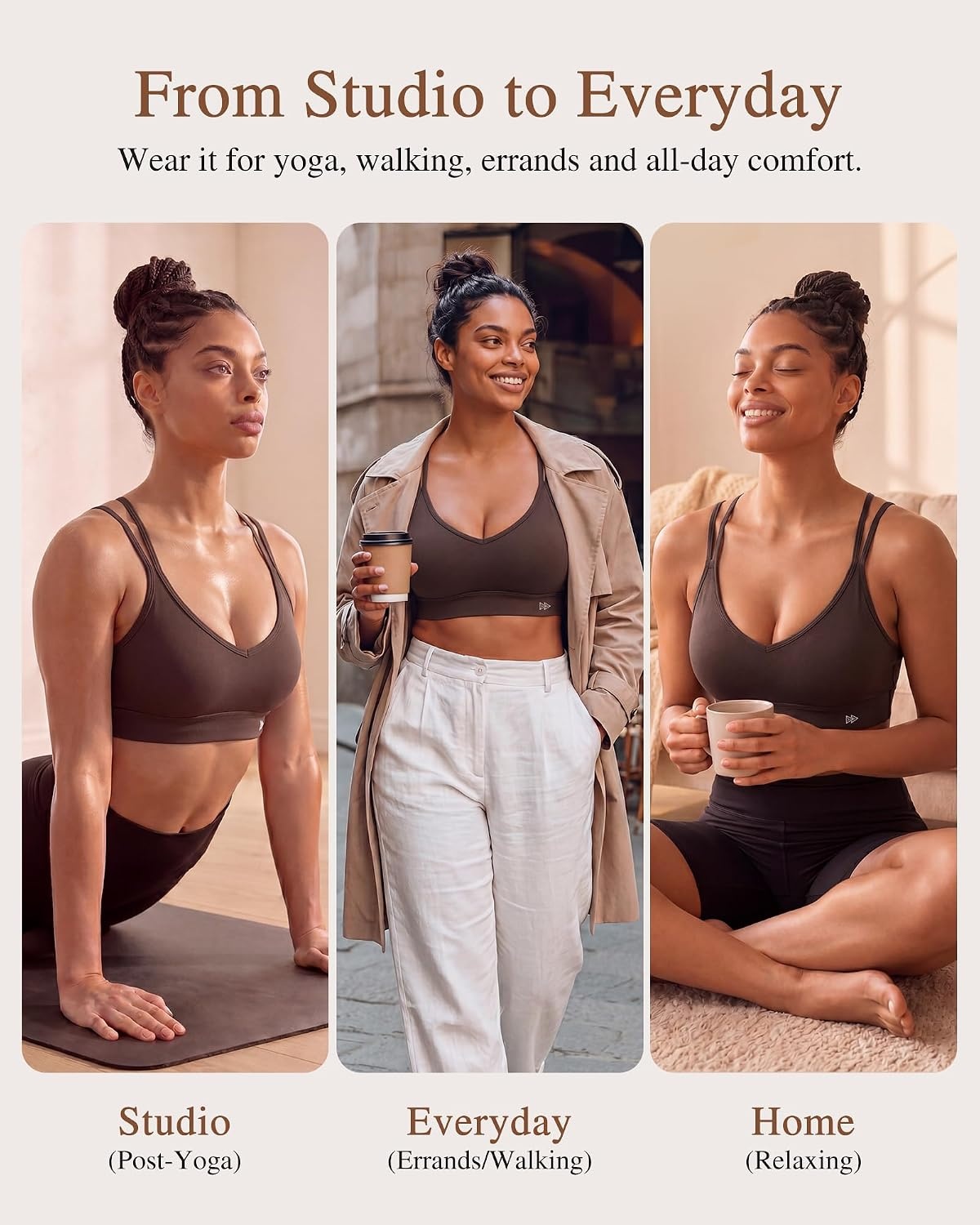 Yvette Yoga Bras Midium Support for Women Low Impact Spaghetti Strap Mesh Splicing Style for Yoga Pilates Walking Daily(Brown)