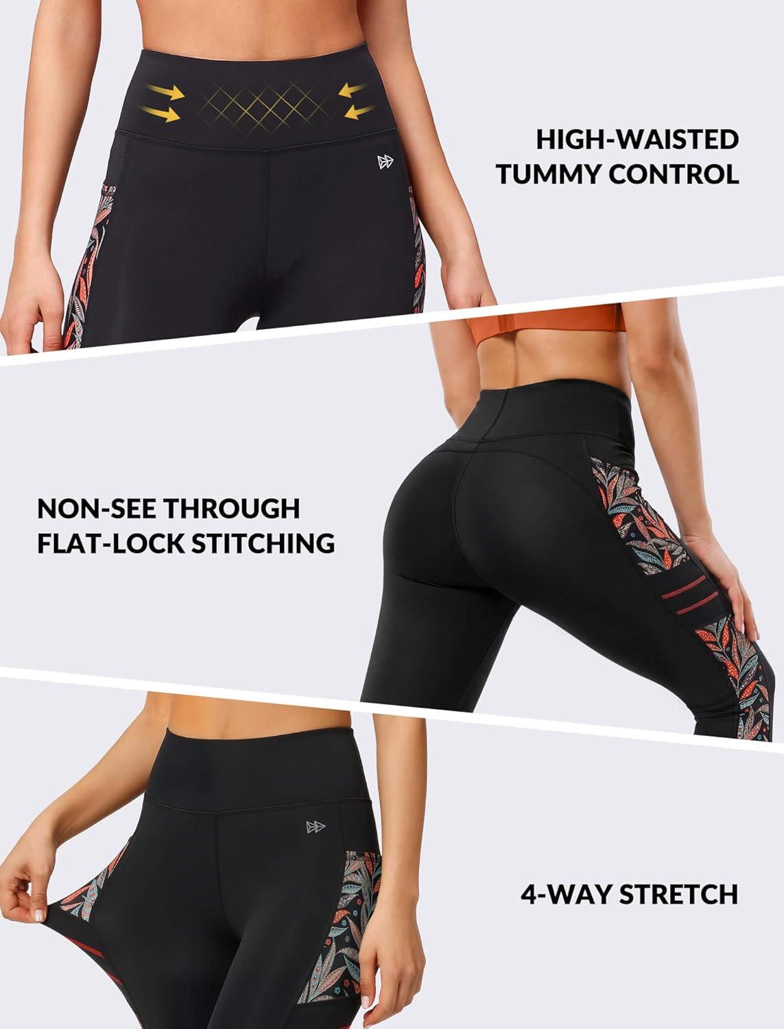 Yvette High Waisted Leggings for Women with Pockets – Tummy Control Yoga Pants, Printed Workout Leggings & Exercise Pants(Orange Printed)