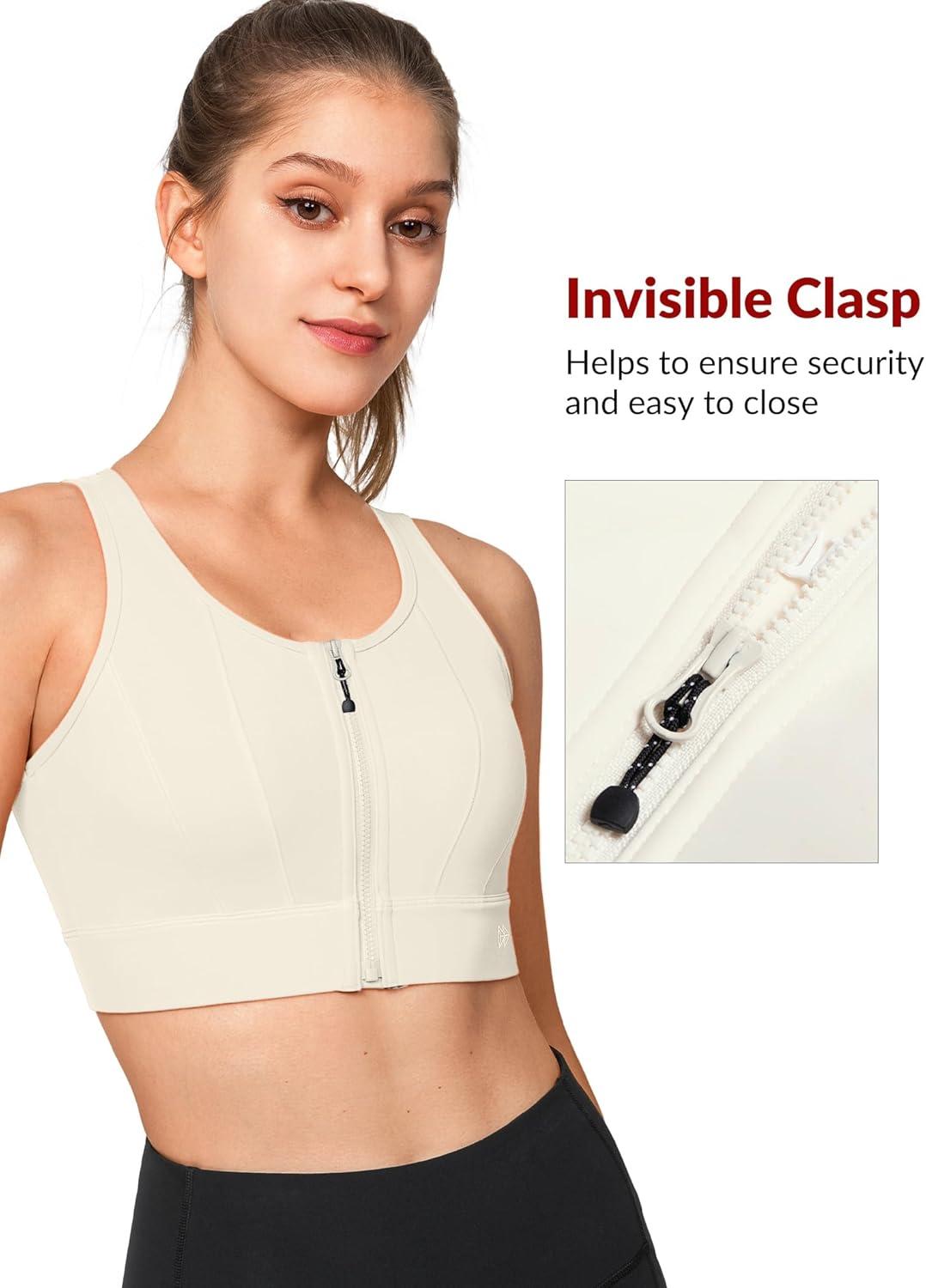 Yvette Front Closure Sports Bras for Women High Support Large Bust Supportive Sports Bra High Impact for Running(Ivory)