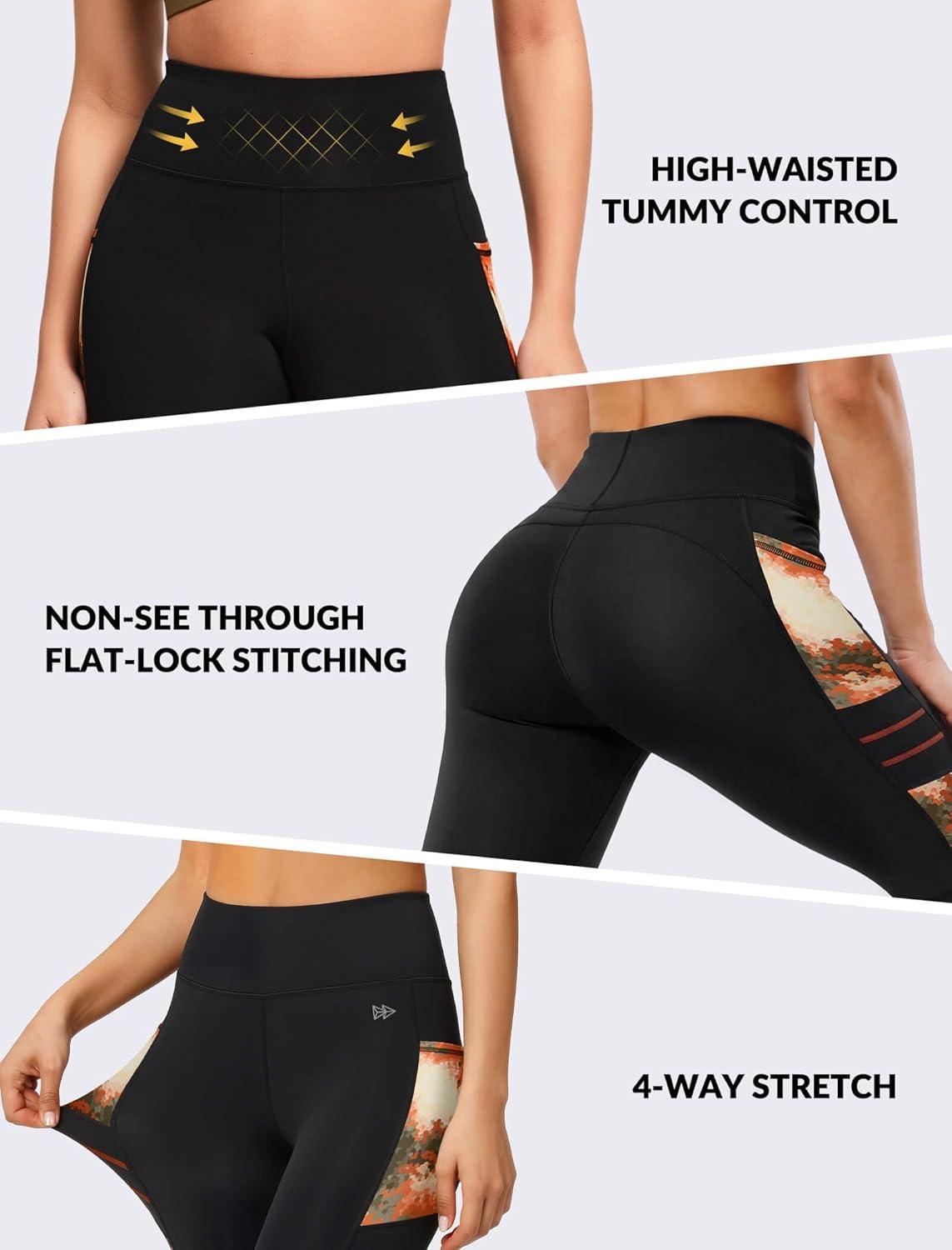 Yvette High Waisted Leggings for Women with Pockets – Tummy Control Yoga Pants, Printed Workout Leggings & Exercise Pants(Yellow Printed)