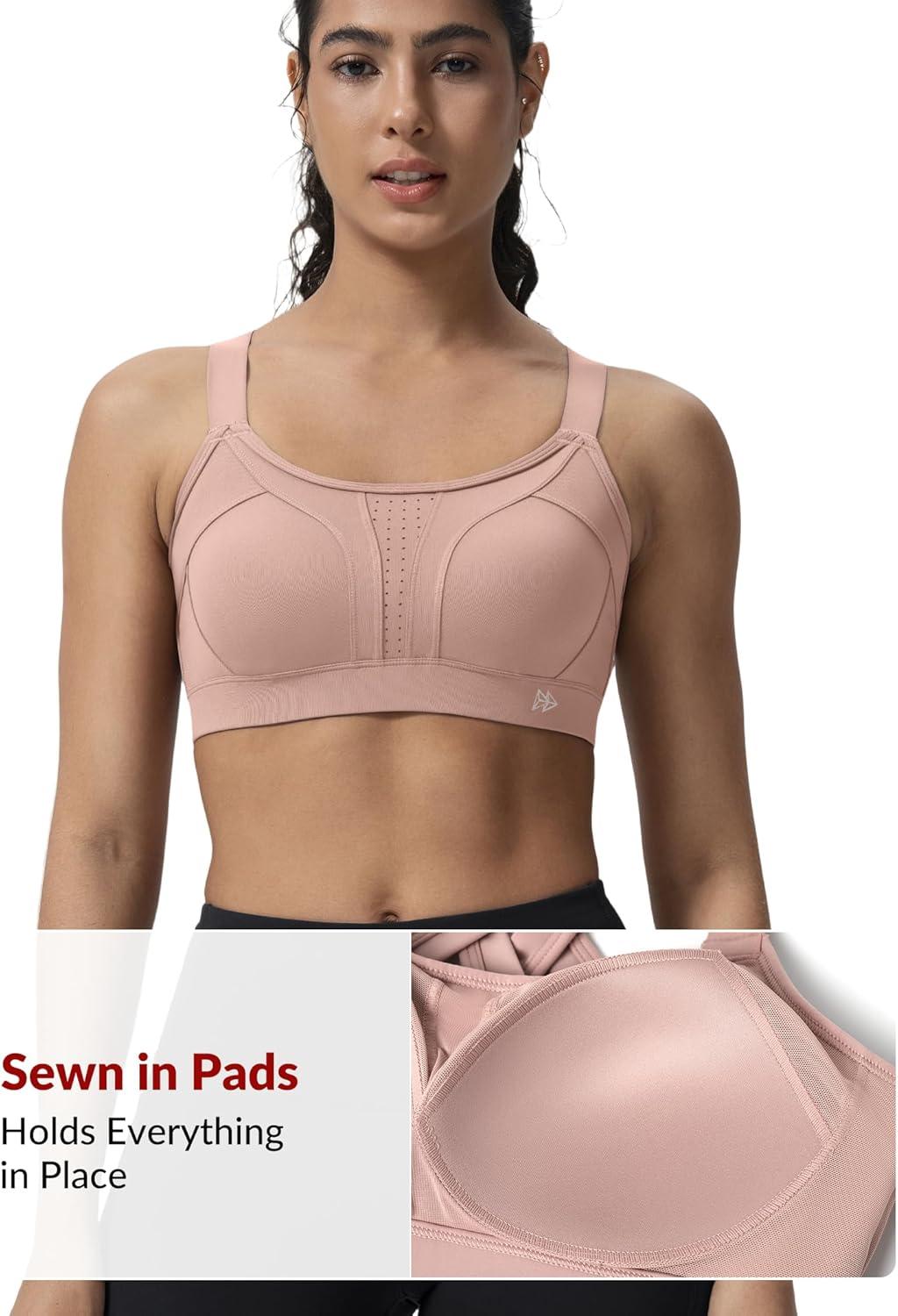 Yvette Sports Bra High Impact Adjustable Criss Cross Back, Full Support for Large Bust No Bounce(Light Pink)