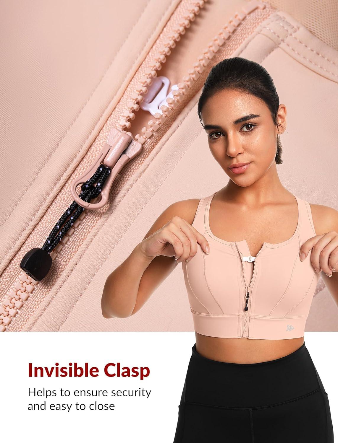 Yvette Front Closure Sports Bras for Women High Support Large Bust Supportive Sports Bra High Impact for Running(Pale Pink)