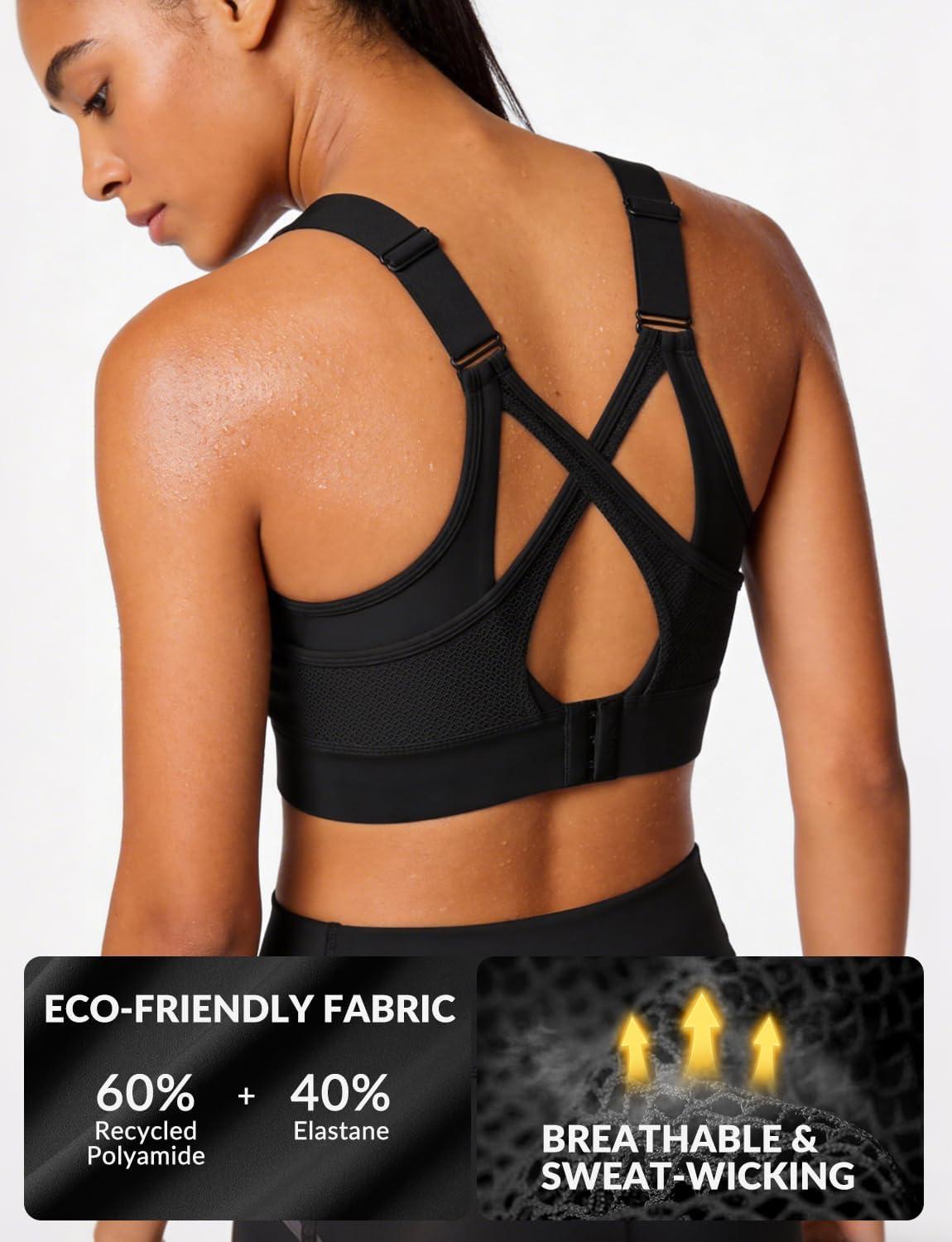 Yvette Sports Bras for Women High Impact Support, Sleek V-Neck with Adjustable Criss Cross Straps for Running&Workout(Black)