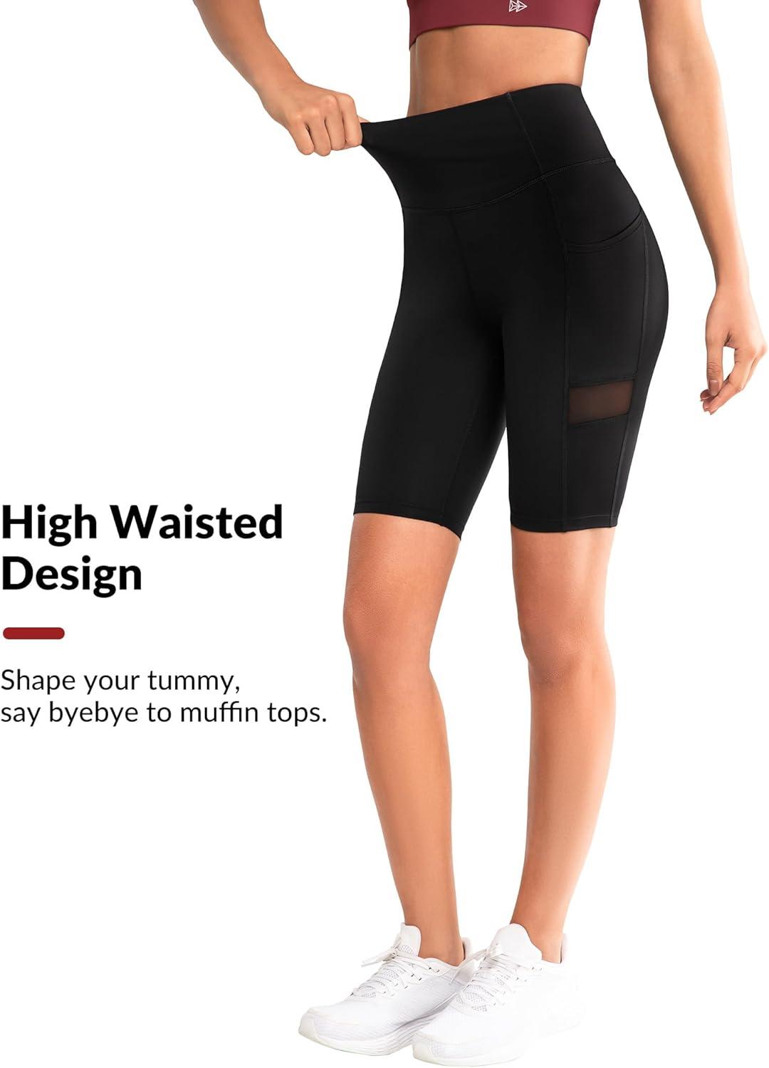 Yvette Biker Shorts for Women with Pockets, High Waist Mesh Workout Gym Shorts for Running(Black)