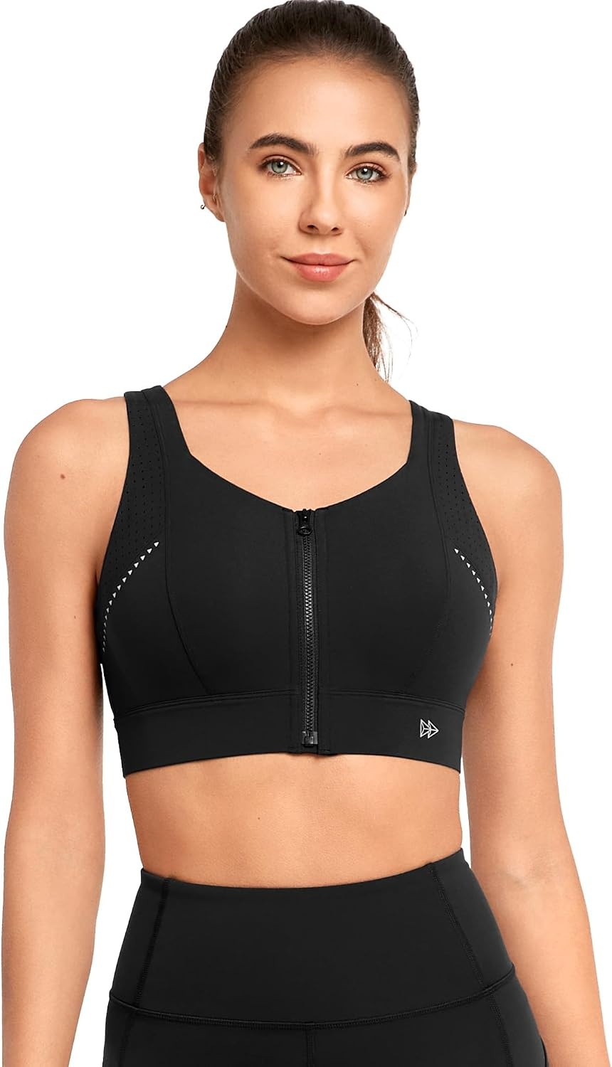 Yvette High Support Zip Sports Bra with Adjustable Straps | High Impact, Supportive, Front Zip, Large Breasts, Comfy, Wireless, Sewm-in Pads(Black)