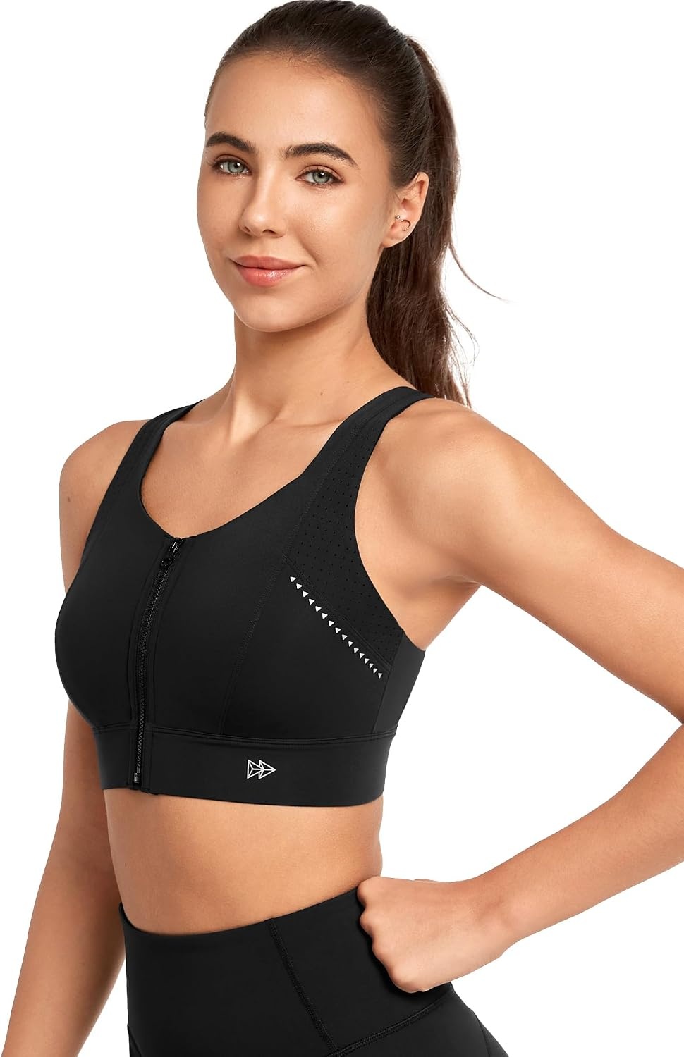 Yvette High Support Zip Sports Bra with Adjustable Straps | High Impact, Supportive, Front Zip, Large Breasts, Comfy, Wireless, Sewm-in Pads(Black)