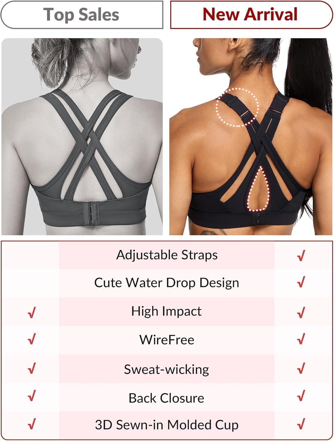 Yvette Sports Bra High Impact Adjustable Criss Cross Back, Full Support for Large Bust No Bounce(Black New + Adjustable Strap + High Impact)