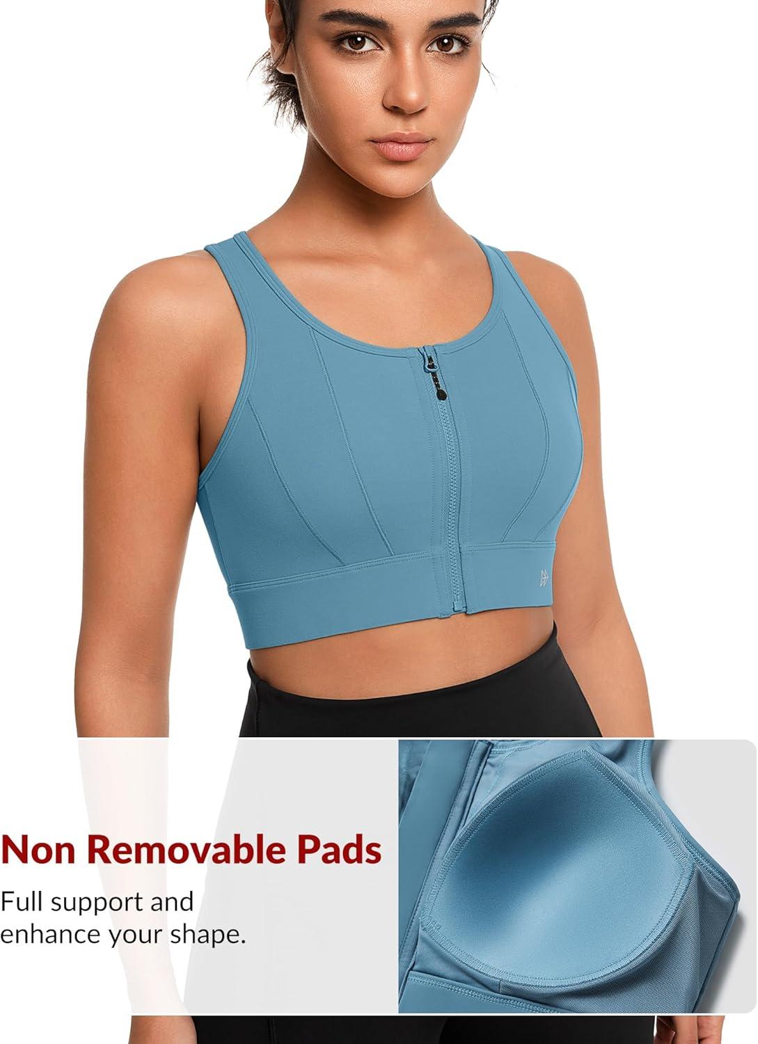 Yvette Front Closure Sports Bras for Women High Support Large Bust Supportive Sports Bra High Impact for Running(Lake Blue)